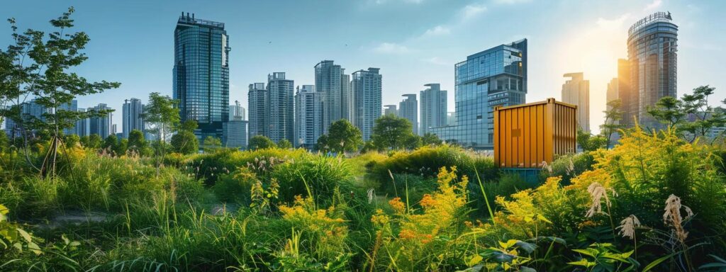 a vibrant cityscape featuring a prominent, clean dumpster surrounded by flourishing greenery and a clear blue sky, symbolizing the benefits of seo and aeo for a sustainable future.